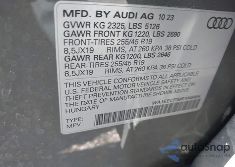 2024 Audi Q3 Premium Plus 45 Tfsi S Line Quattro Tiptronic из США, поврежденный, VIN WA1EECF39R1046454